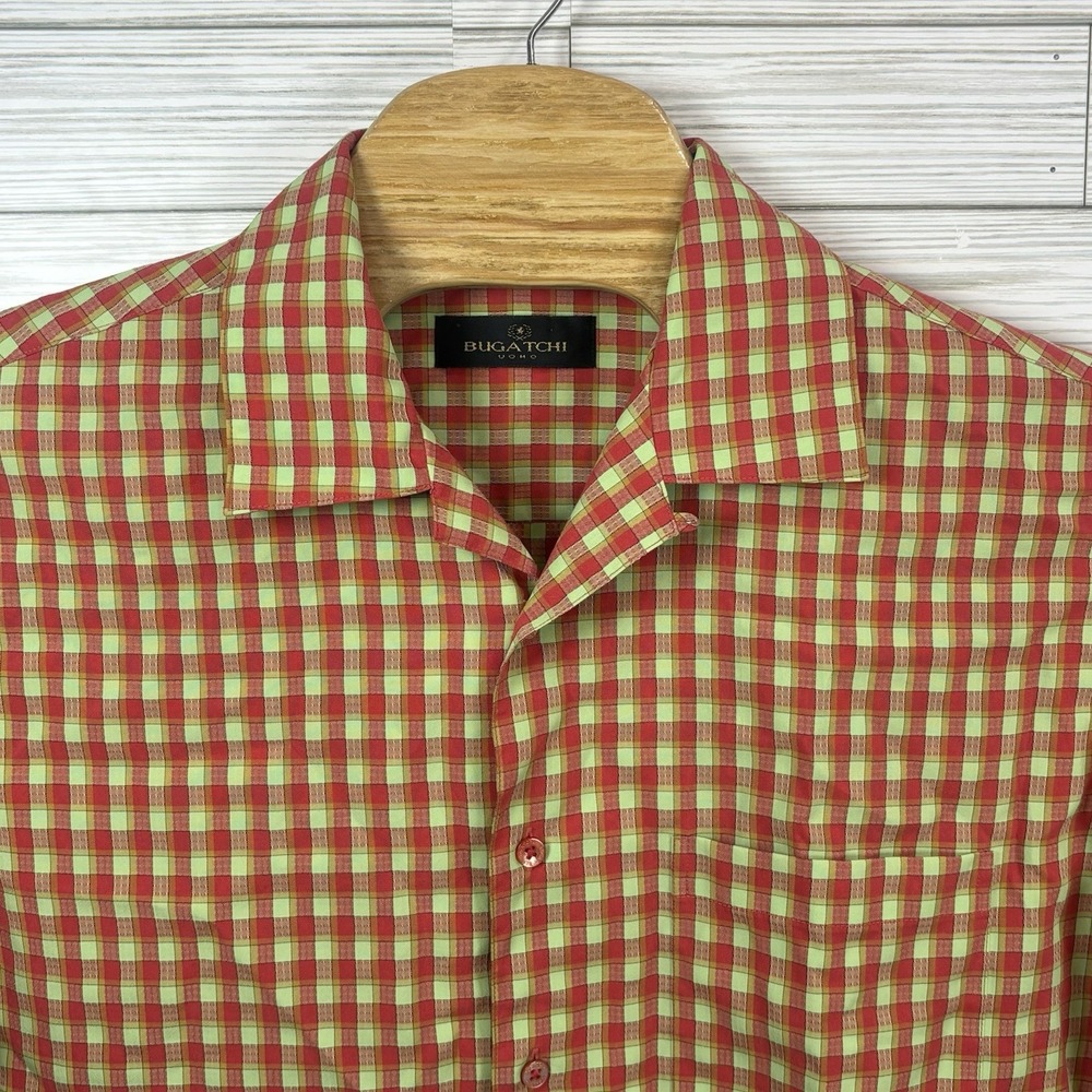 Bugatchi Uomo Men's Red Green Seersucker Plaid Short Sleeves‎ Button Up Sz "Lg"